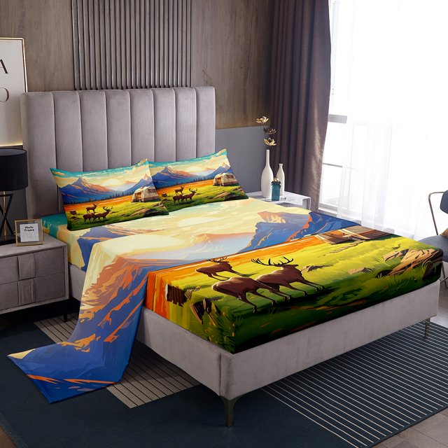 YST Queen Size Rv Camper Sheets Wildlife Camping Adventure Life Sheet Set, Rustic Deer Decor Bed Sheets Set Farmhouse Wild Animal Bedding Set with 2 Pillowcases