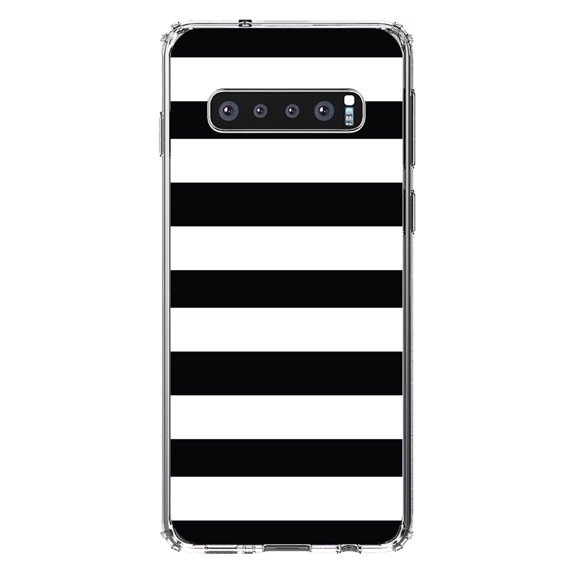 DistinctInk Clear Shockproof Hybrid Case for Samsung Galaxy S10 (6.1" Screen) - TPU Bumper, Acrylic Back, Tempered Glass Screen Protector - Black & White Bold Horizontal Stripes