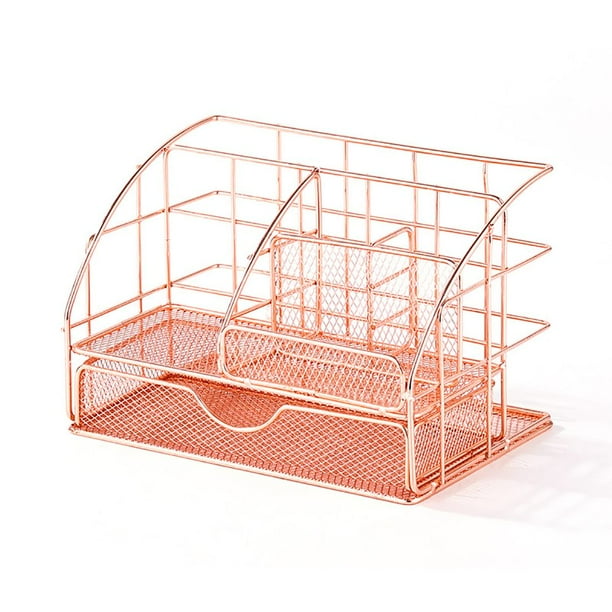 Organizadores de escritorio de oro rosa, elegante organizador de escritorio con diseño práctico que ahorra espacio para suministros de oficina y almacenamiento de malla, adecuado para organizar