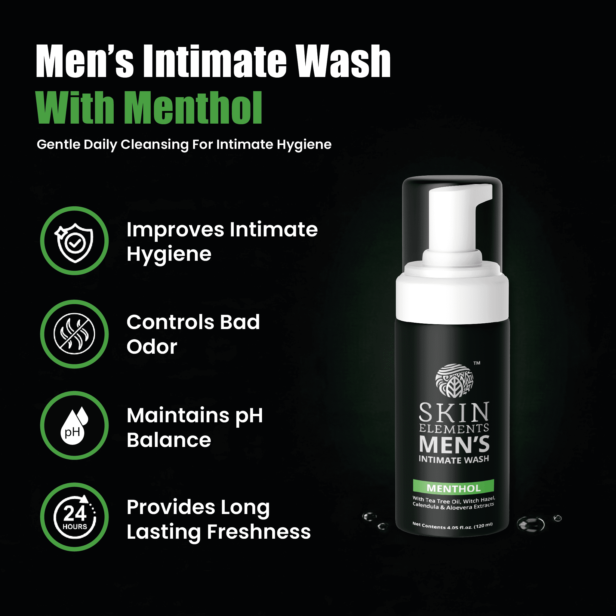Skin Elements Men's Intimate Wash with Menthol (4.05 fl. oz.), pH Balanced Foaming Intimate Wash, Controls Bad Odor, Soothes and Cools Intimate Area