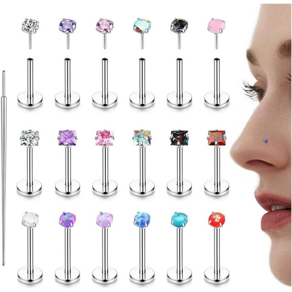 18PCS Threadless Nose Rings Studs for Women Men 20G 18G 16G Hypoallergenic Surgical Stainless Steel Labret Lip Rings CZ Opal Push in Earrings Flat Back Nose Stud Cartilage Nostril Conch Helix Tragus