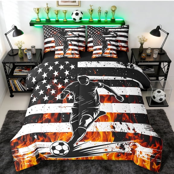 Erosebridal Soccer Gamer Flame Twin Bedding Sets 7-Piece for Boys,Vintage USA Flag Bedding Comforter Set for Kids Teens,Black Reversible,Breathable Home Decor