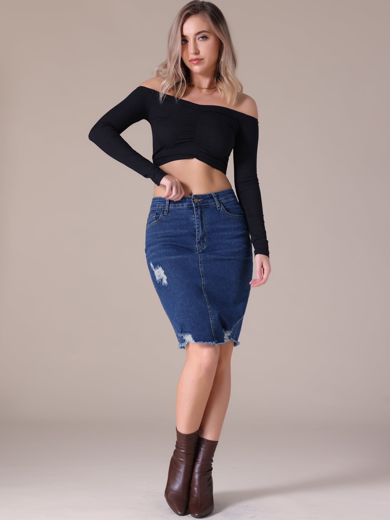 DARING DIVA Women's Denim Above the Knee Pencil Skirt 2XL Dark Blue