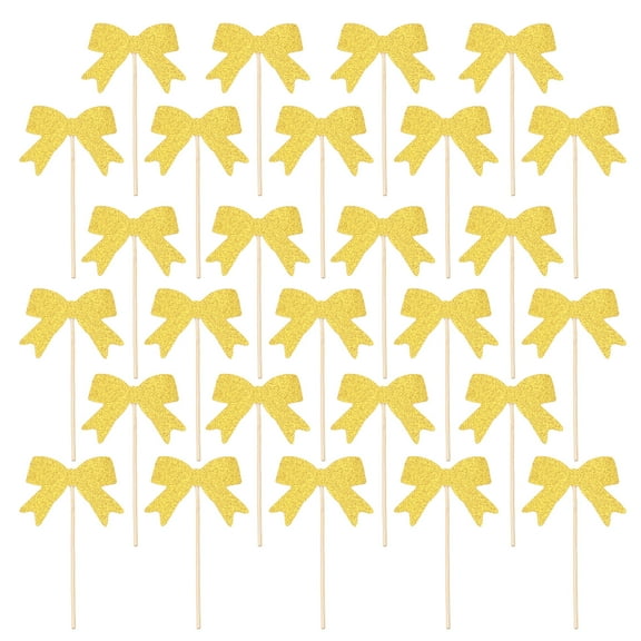 Uxcell 48 Pcs Bow Cupcake Toppers, Glitter Cupcake Picks with Glue Points, Cake Decorations for Wedding Birthday Theme Party Supplies, Golden