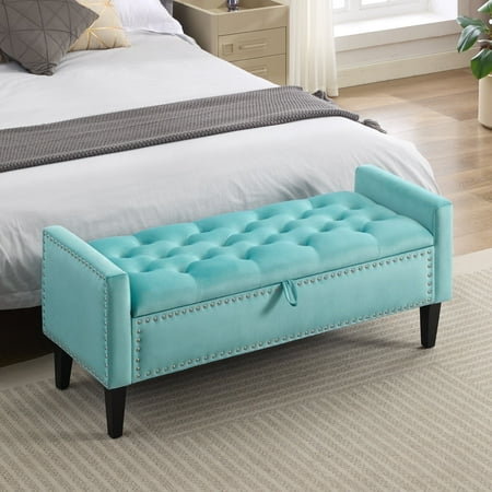 47" Velvet Storage Bench with Wooden Legs, Upholstered Bedside Bench for Bedroom, Living Room, Entryway, Teal
