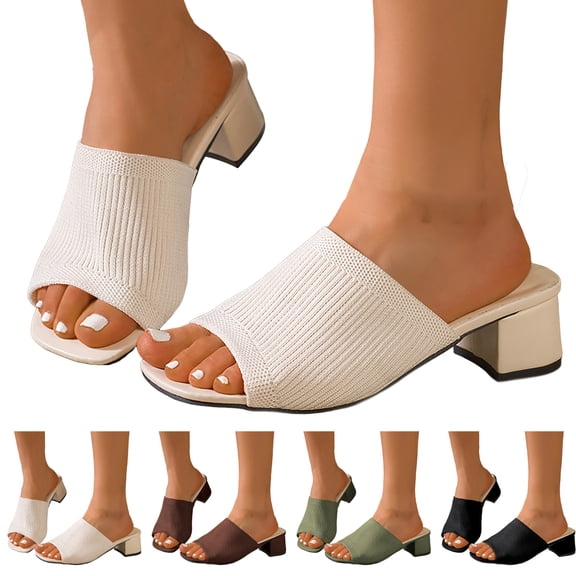 Dakaela Knit Heeled Sandals for Women Square Open Toe Low Chunky Heels Mules Casual Slip on Slides Summer Beach Pumps Slippers Size 6-10