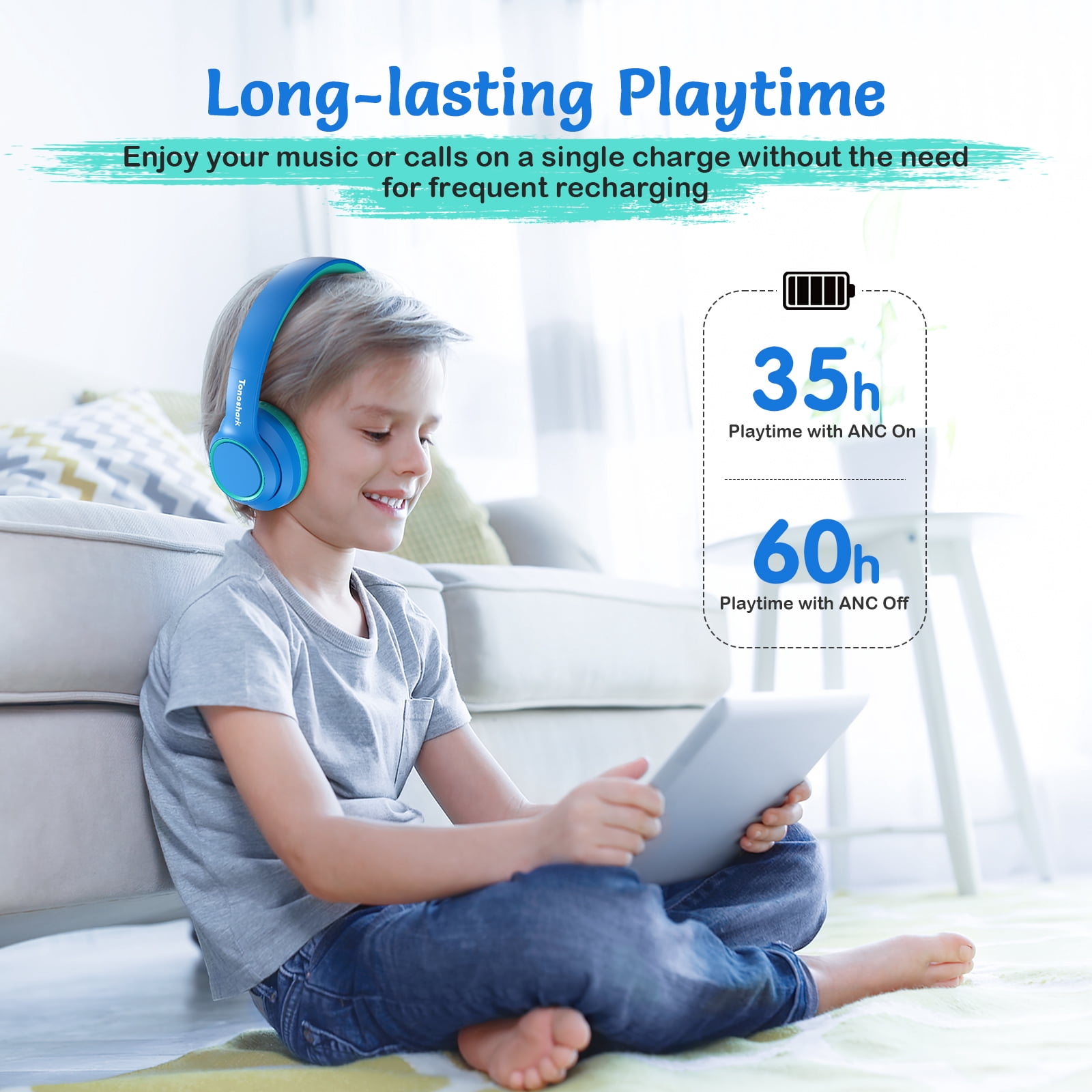 Tonoshark Active Noise Cancelling Headphones for Kids, 60H Playtime, Wireless Bluetooth Over-Ear Blue Headset Built-in Microphone for Home/School/Travel/Party - Includes Portable Case