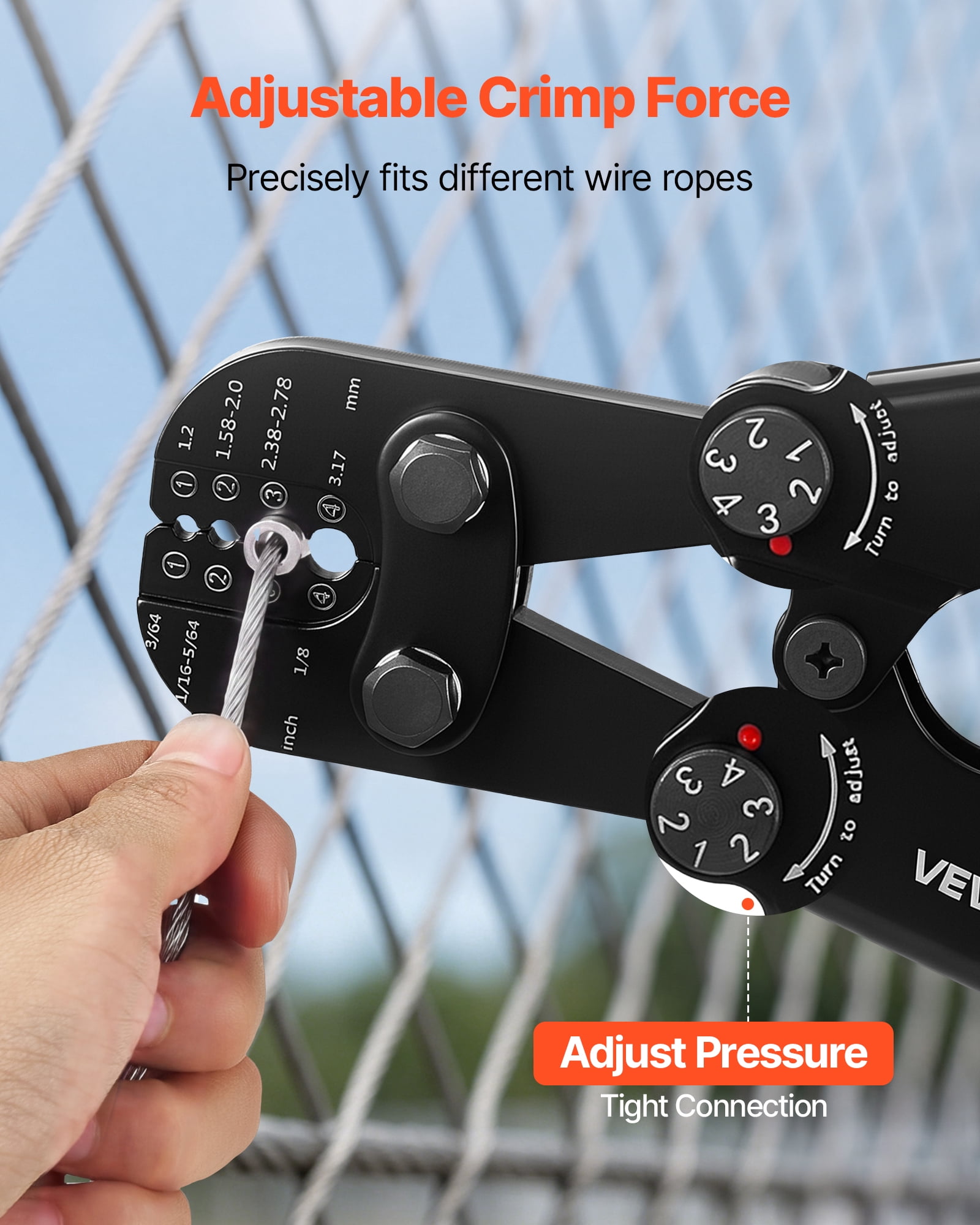 VEVOR Crimping Tool, 3/64" - 1/8" Steel Wire Rope Crimper, with Clear Metric and Imperial Markings, Adjustable Force, Crimp Pliers for Aluminum Oval and Dual Sleeves, and Annealed Copper Sleeves