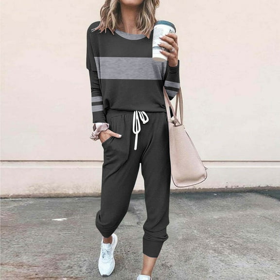 Frostluinai Color Block Sweatsuits for Women Long Sleeve Casual Shirts Baggy Jogger Pants Plus Size Comzy Tracksuits with Pocket Gifts