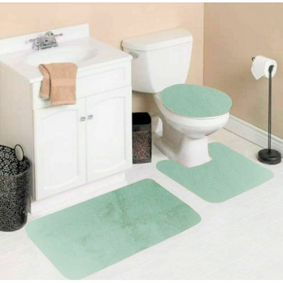 3 Piece #6 mint solid bathroom rug set 1 bat mat 19" x 30", 1 contour mat 19"X 19", 1 lid cover 19"X 19" anti slip with rubber backing chenille super soft touch