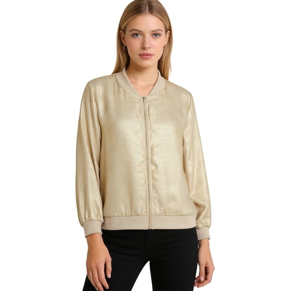 YiZYiF Women's Metallic Zipper Bomber Jacket Shiny Fashion Jacket for Daily Wear Party Coat Pilot Aviator Top Gold M