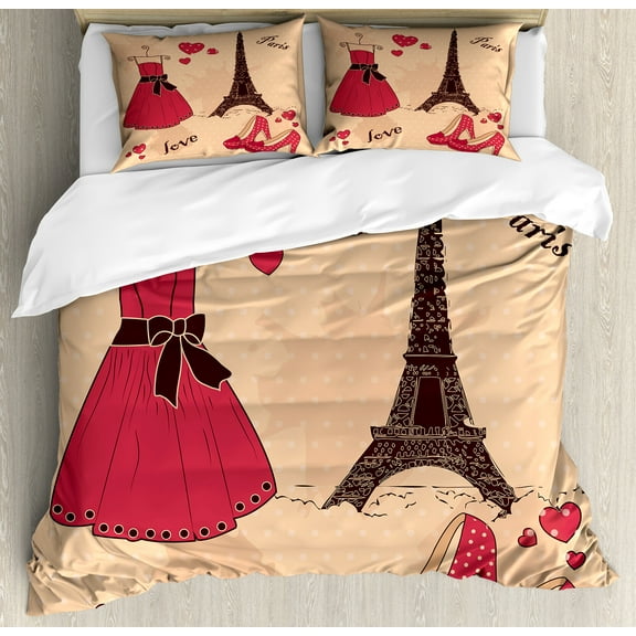 Heels and Dresses Duvet Cover Set, Paris Boutique French Retro Dress Shoes Eiffel Tower, Decorative 3 Piece Bedding Set with 2 Pillow Shams, Calking Size, Pale Salmon Dark Brown, by Ambesonne
