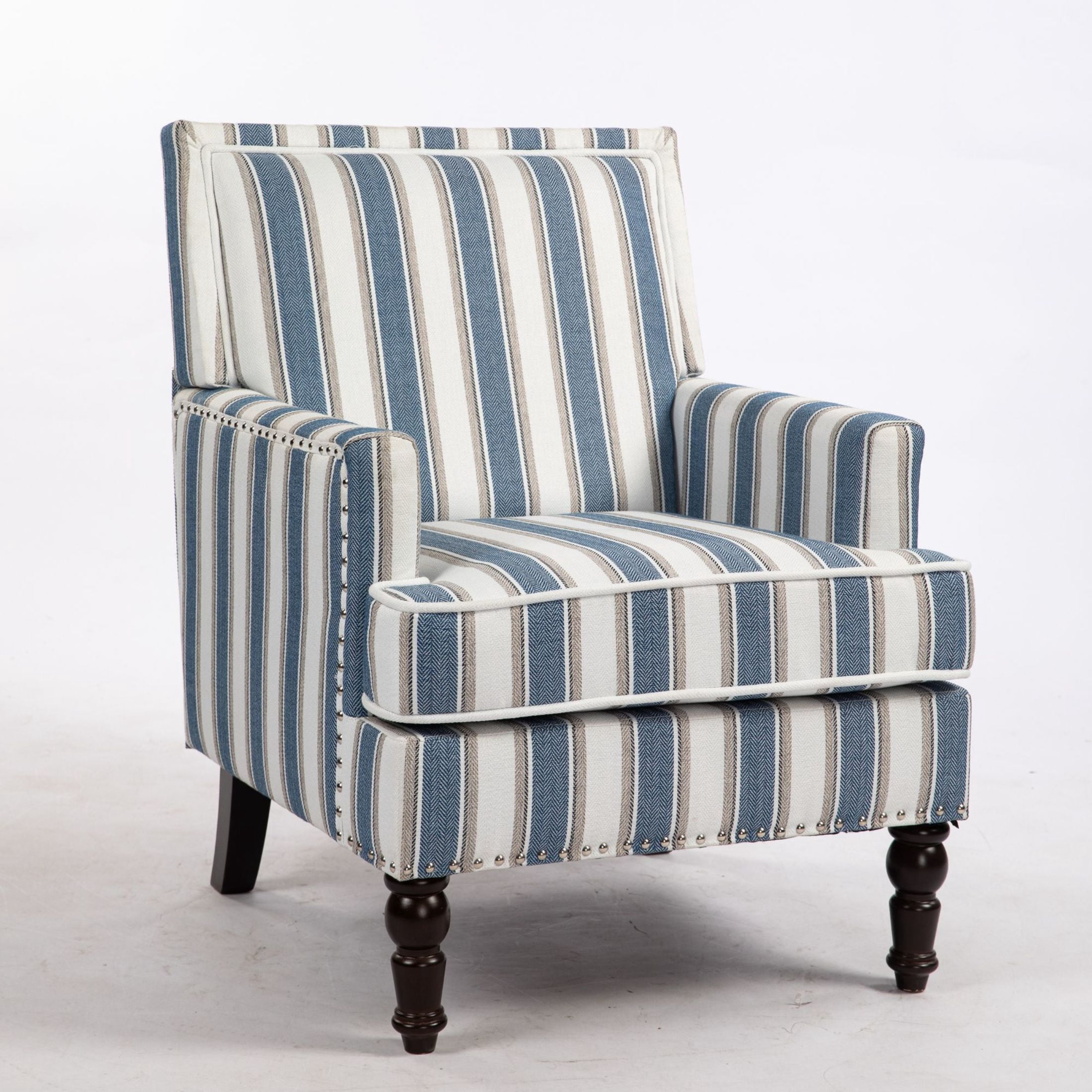 GDF Studio Zerra Vintage Upholstered Armchair with Solid Wood Legs & Nailhead Trim, Classic Stripes Accent Chair, Blue