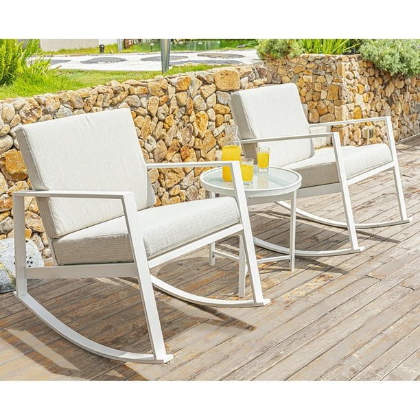 COSIEST 3 Piece Outdoor Beige Metal Bistro Set Patio Rocking Chairs ...