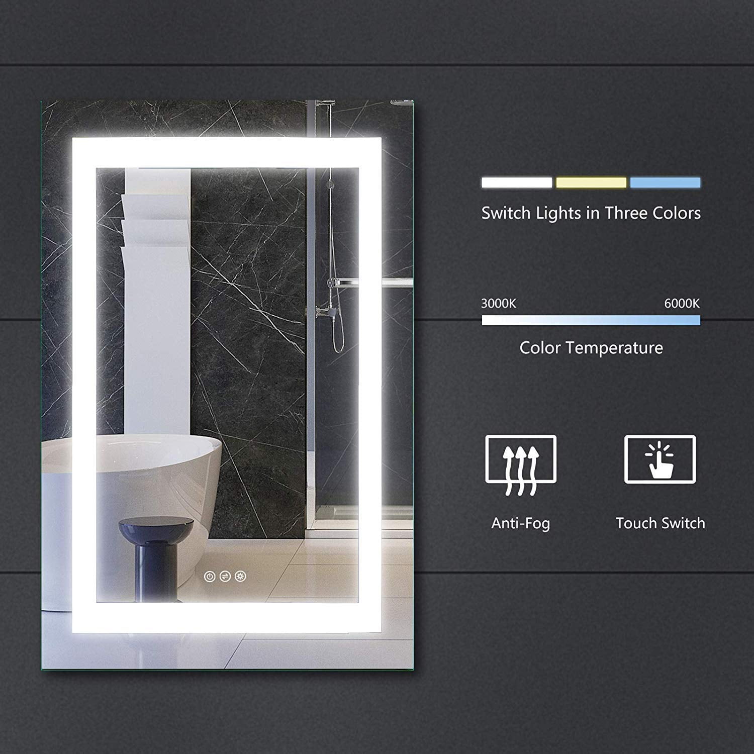 Mecor 24"X36" Dimmable LED Lighted Bathroom Mirror Silvered Wall