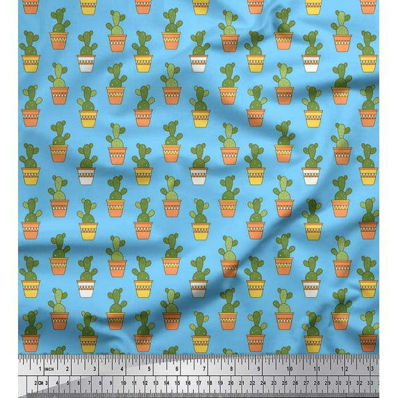 Soimoi Rayon Crepe Fabric Pot & Cactus Tree Printed Fabric 1 Yard 46 Inch Wide