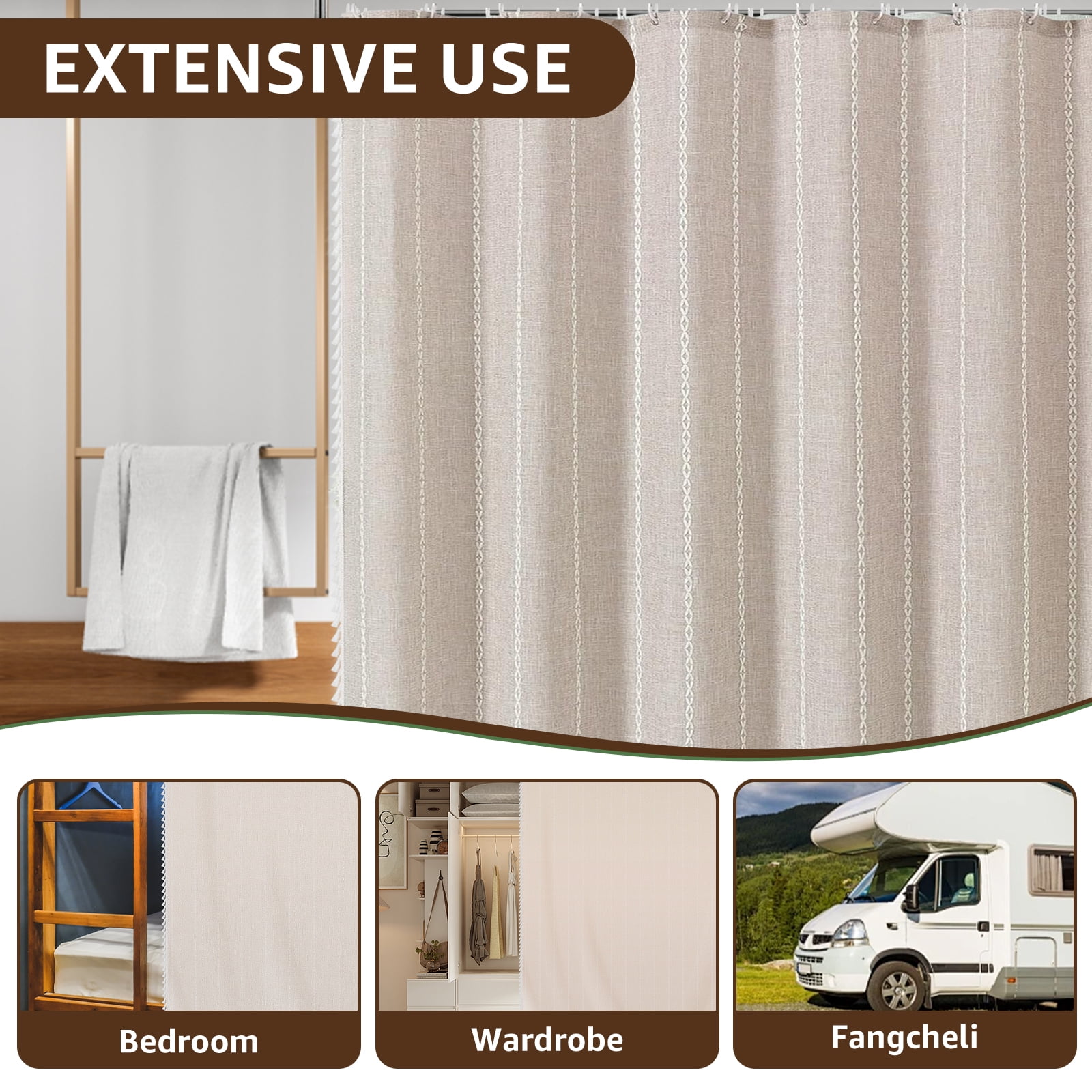 Dznils Boho Tassel Shower Curtain with Hooks, Farmhouse Thick Cloth Linen Fabric Bathroom Curtain, Cream, 72" x 72"