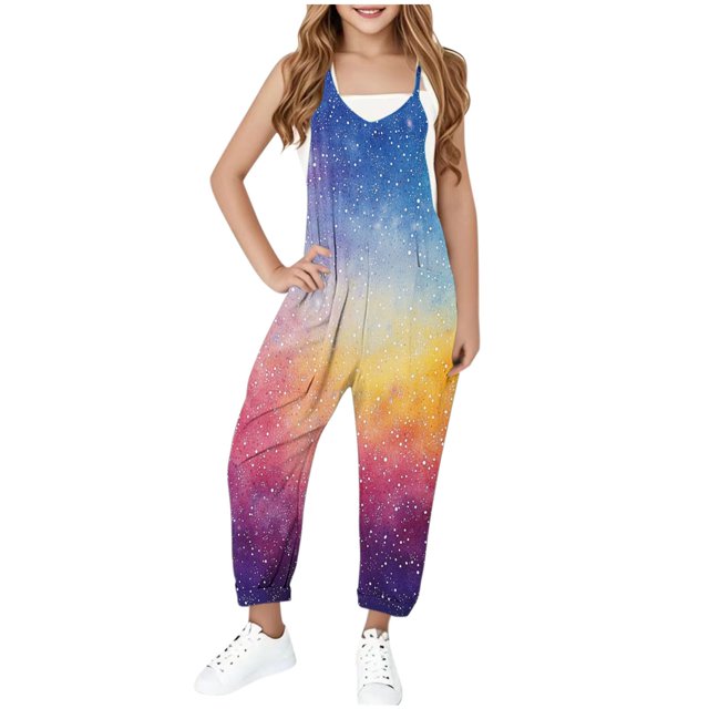 YUNAFFT Girls Overalls with Pockets Elastic Cotton-like Strapless Jumpsuit 5-14Y Star Print Color Block Sleeveless Layering-Friendly Playful Rompers