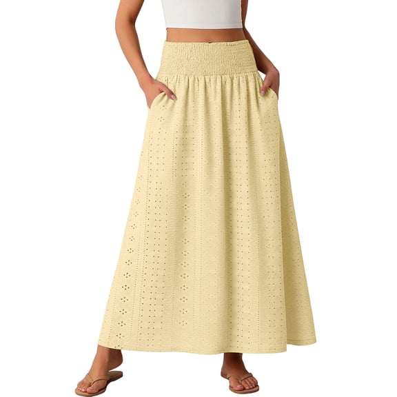 Busydd Womens Maxi Skirt Fashionable Breathable Elastic Waist Long Skirt Casual Solid Color Summer Skirts with Pockets S