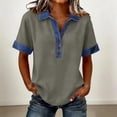 thumbnail image 2 of Denim Collared Shirt Women Short Sleeve Patchwork Denim Button Casual Shirts Business Casual Work Tops Summer Outfits Light Gray XL, 2 of 5