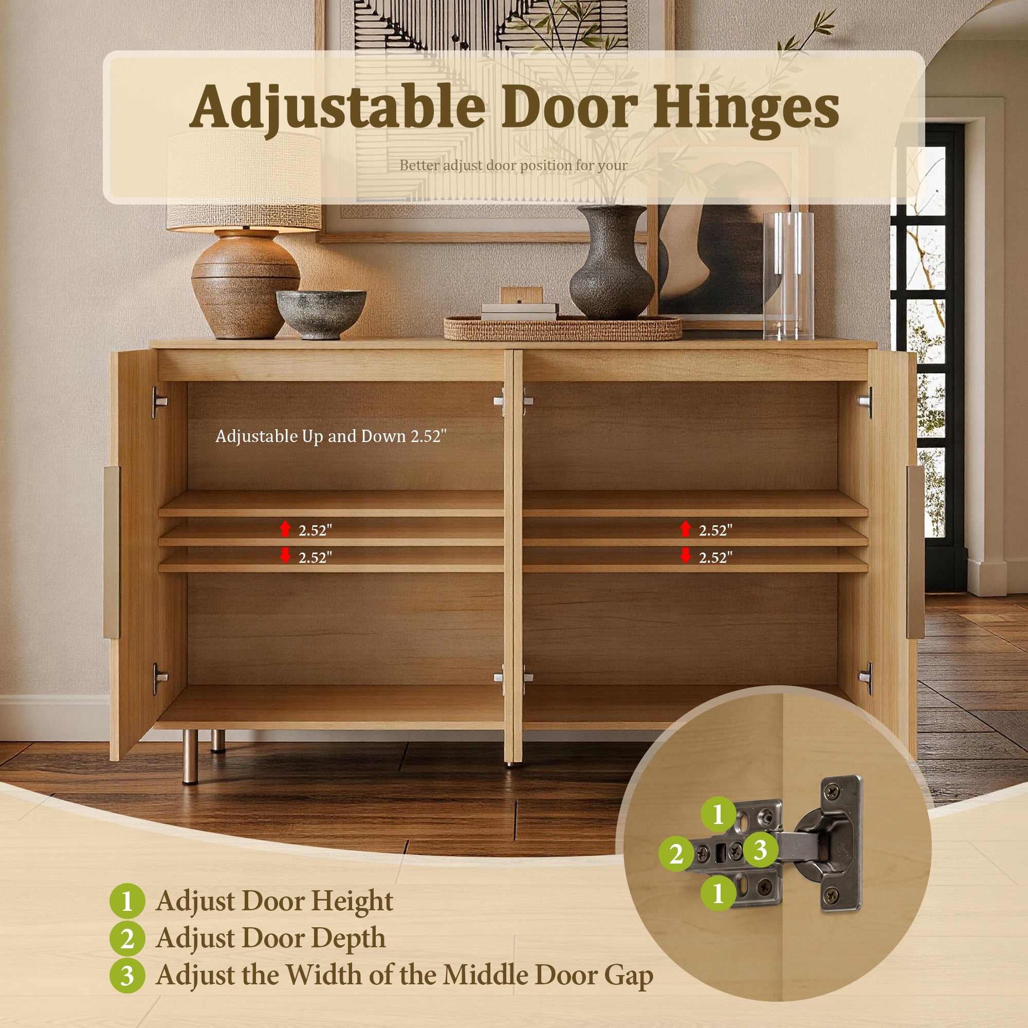 Aukfa 56.7" Modern Sideboard Buffet Cabinet with Adjustable Shelves, Accent Credenza Organizer,Natural