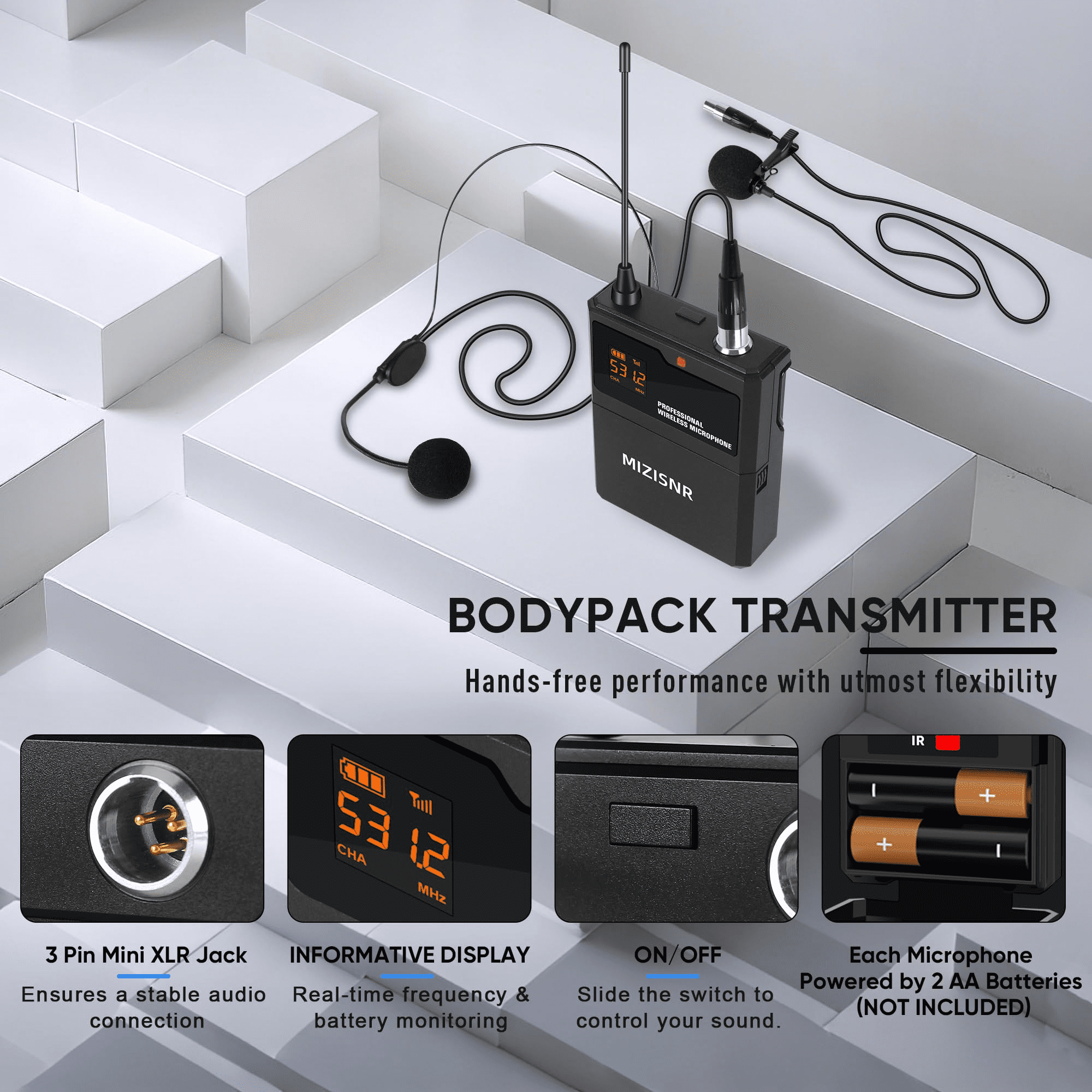 2 Channel Wireless Lapel Microphone, Set of 2 Headset & Lavalier Mics with 200 Adjustable Frequency UHF Metal Receiver, 300ft Range Microphone System for Church, Karaoke, Preaching, Wedding
