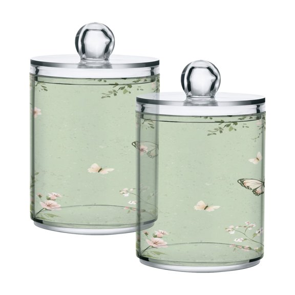 WOBOGO Butterfly Print with Pastel Flowers Transparent Plastic Jar 2pcs Cotton Swabs Balls Pads Floss Stick Dispenser Bathroom Vanity Storage Organizer