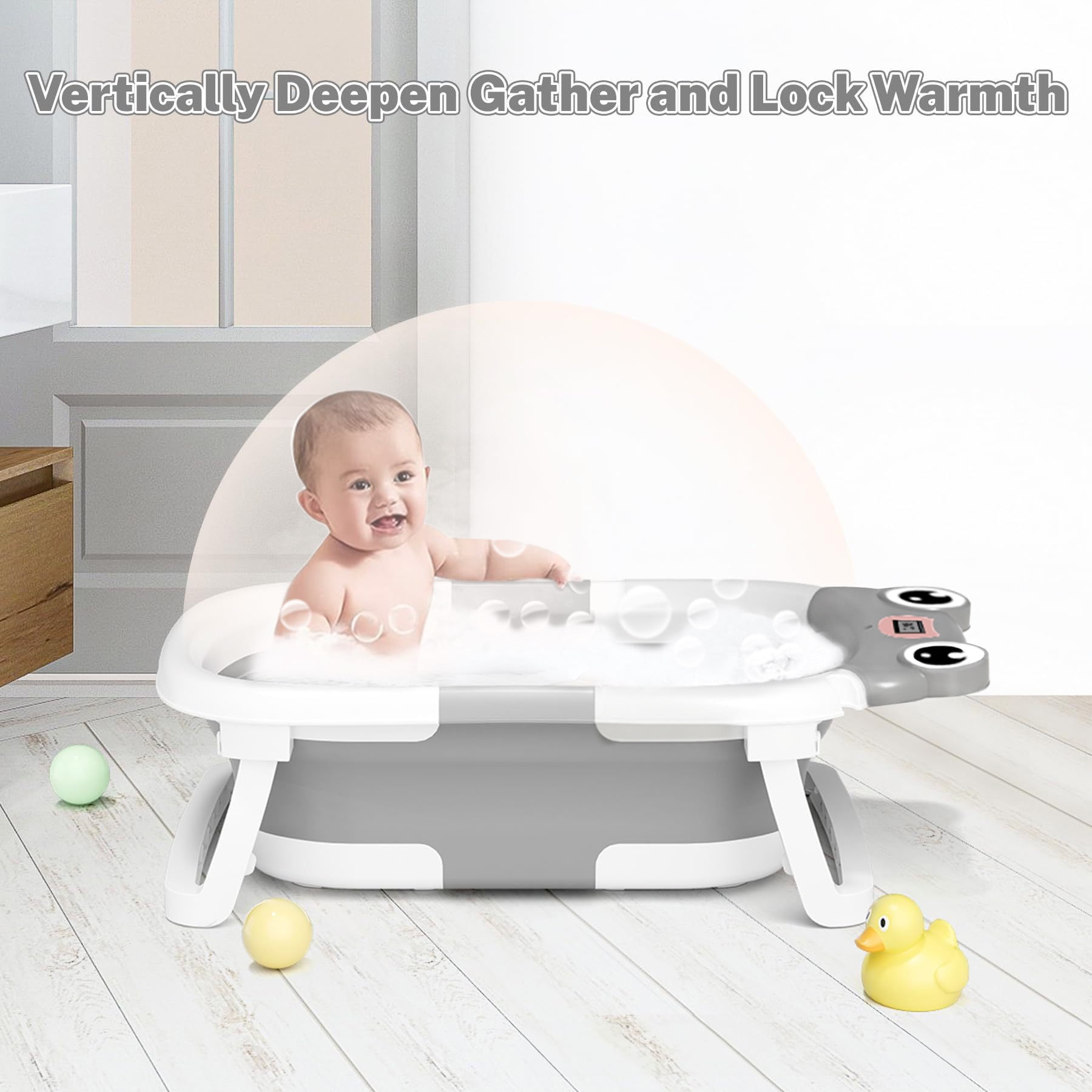 Babyomi Baby Bathtub Portable Baby Tub with Cute Bear Thermometer and Showerhead Holder, Bath Tub Thermostatic Drain Plug and No-Slip Feet Design to Newborn, Grey