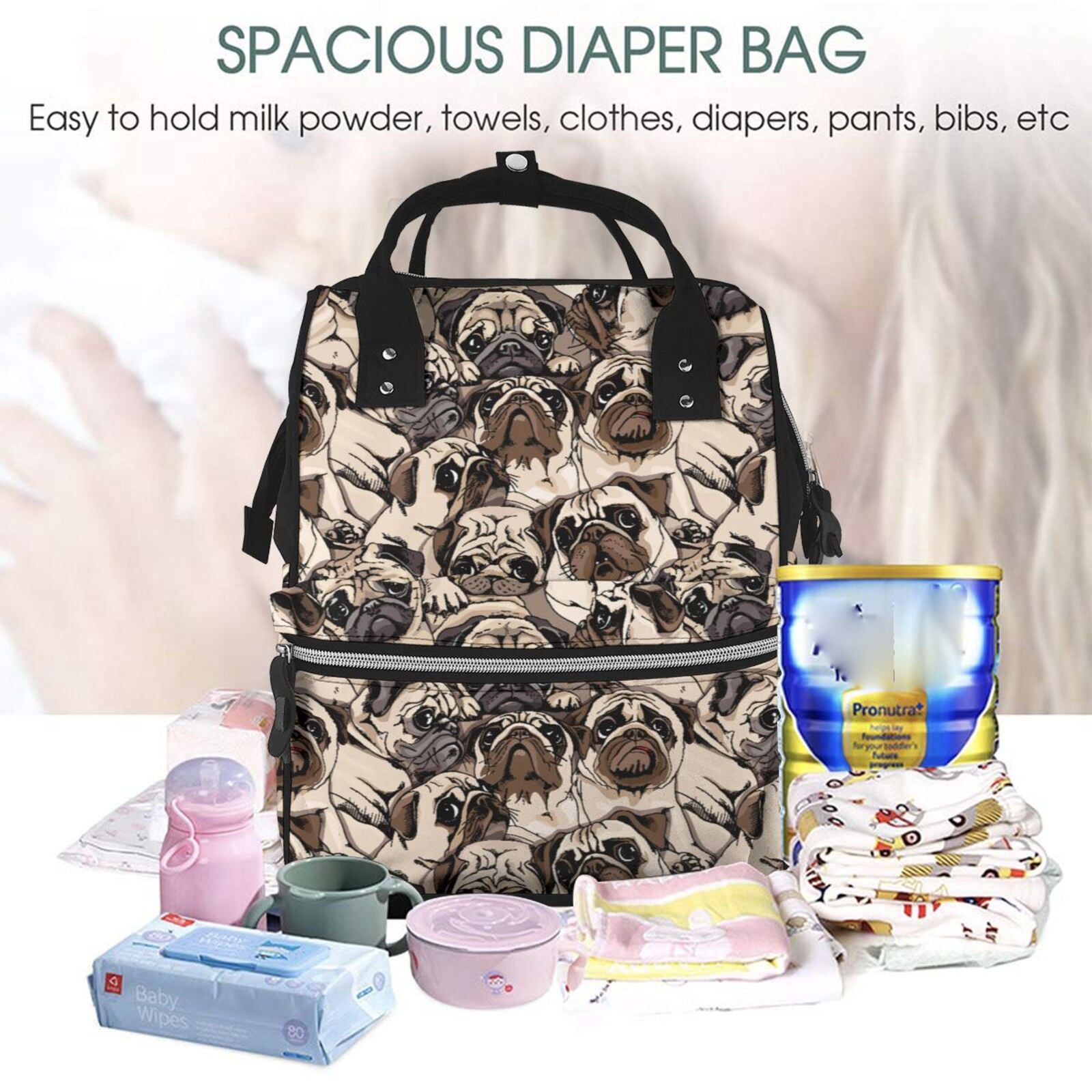 Ratiio Pug Mummy Backpack - Waterproof Twill Canvas, Large Capacity Diaper Bag with Multiple Pockets and Adjustable Straps