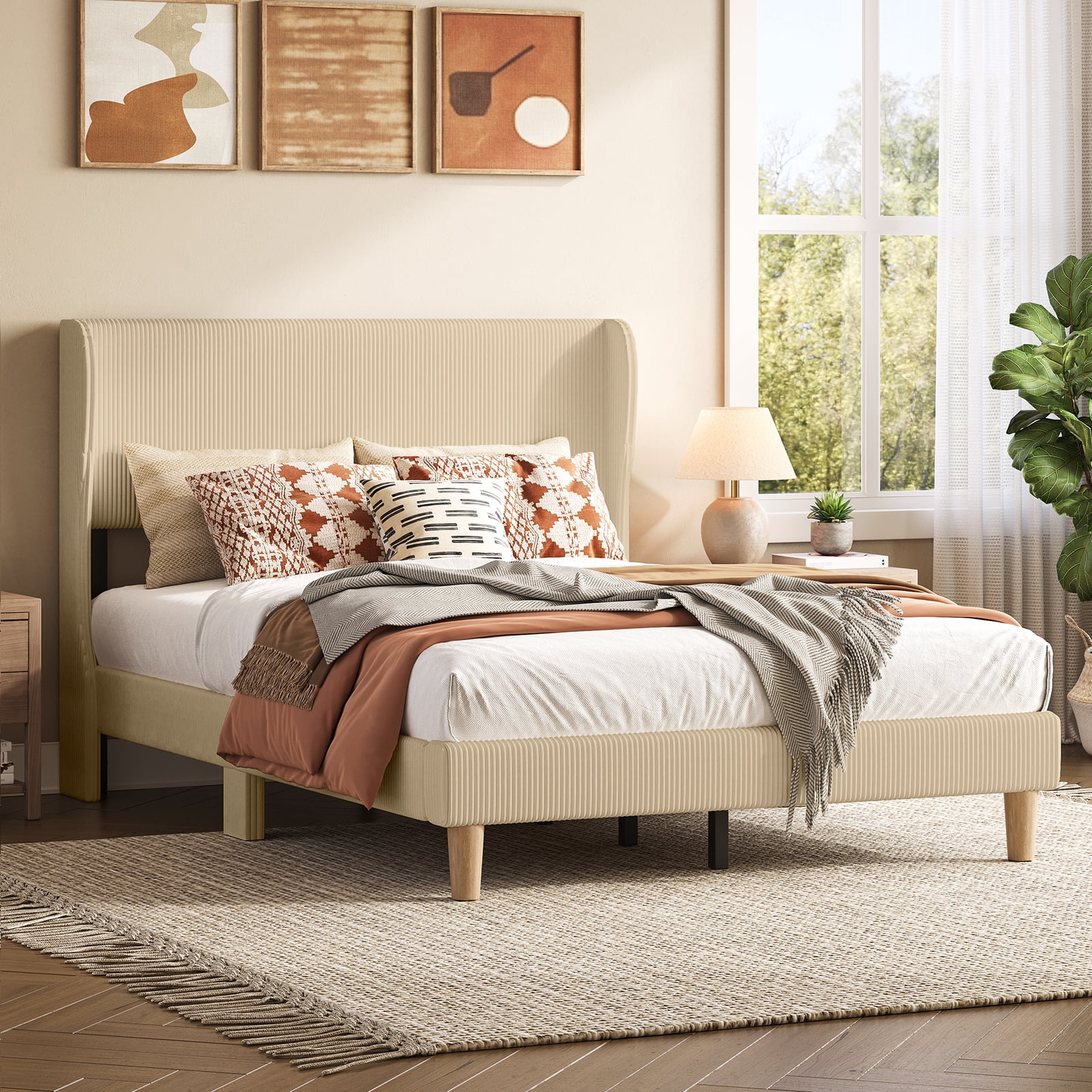 Bestier Full  Size Bed Frame with Wingback Headboard, Corduroy Upholstered Platform Bed with Wood Slats, No Box Spring Needed, Taupe
