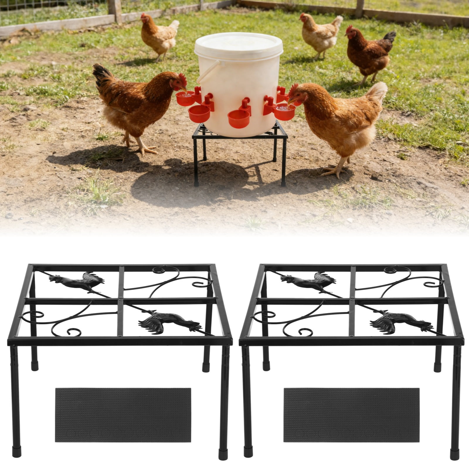 2 Pcs Metal Stand for Chicken Waterer Feeder, Heavy Duty Chicken Feeder Waterer Holder with 4 Legs, Square Support Rack for Poultry Feeding, Indoor Outdoor Use