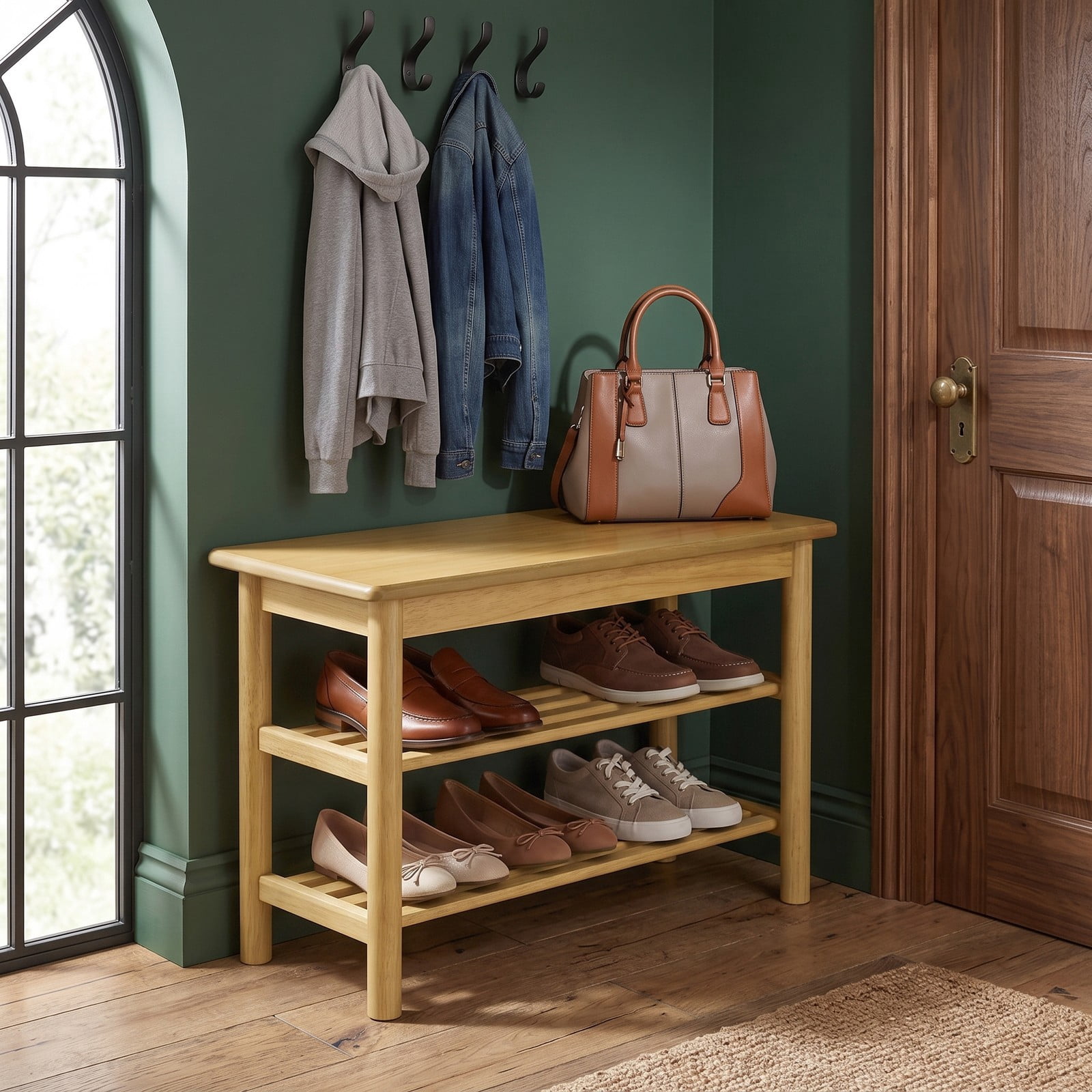 Furnibear 3-Tier Rubberwood Shoe Rack Bench with Wide Seat and Slatted Storage Shelves for Entryway Bedroom and Living Room, Natural