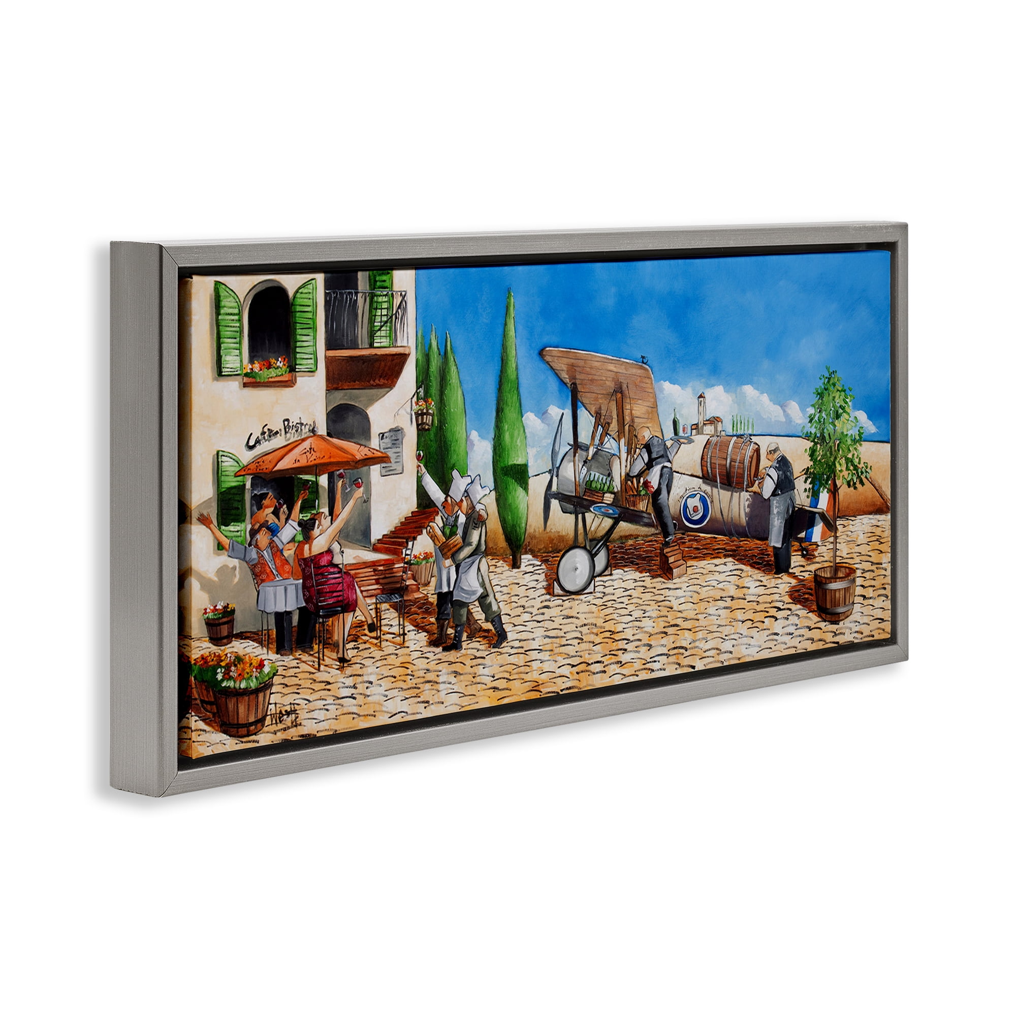 Stupell Industries Café & Airplane Scene Scenery Painting Gray Floater Framed Art Print Wall Art, 25 x 11