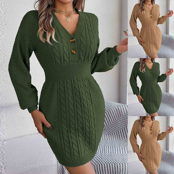 Lovskoo Sweater Dress for Women Trendy Casual Long Sleeve Bodycon Dress V-Neck Button Soild Outing Dresses Khaki