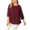 thumbnail image 1 of Plus Size Chiffon Top for Women Round Neck Tie Front Ruffle Work Blouse Top Wine Red 2X, 1 of 7