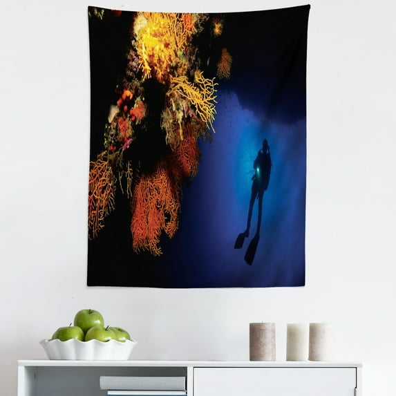 Underwater Tapestry, Diver Silhouette with Amber Toned Coral Reefs Exotic Aqua Discovery, Fabric Wall Hanging Decor for Bedroom Living Room Dorm, 5 Sizes, Navy Blue Burnt Orange, by Ambesonne