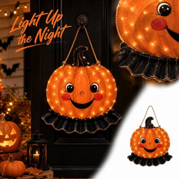 Halloween Light Up Pumpkin Hanging Door Decor, Halloween Jack-o'-lantern Wall Ornament, Halloween Decorations for Autumn Harvest and Halloween Party Home Decor,12x13Inch