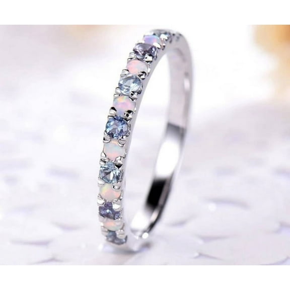 Winstonegemsjewels Round Cut Alexandrite Opal Half Eternity Engagement Ring – 925 Silver Vintage Stackable Birthstone Anniversary Gift for Her Silver 4