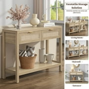 Surmoby Console Table with Rattan Drawers,Boho Wood Entryway Table Hallway Table Sofa Table with Open Storage Shelf for Living Room,Foyer and Corridor,Light Oak