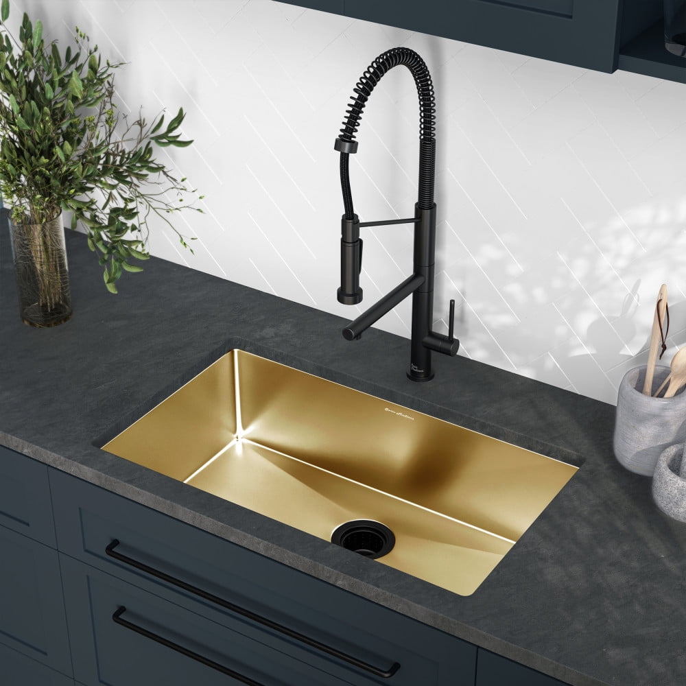 PVD Burnished Brass gold stainless steel kitchen single long sink R10 pantry 