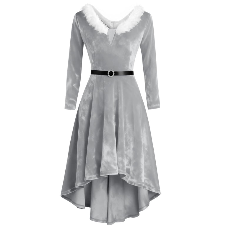 Pxkloy Vintage Velvet Dress for Women Western Fuzzy High Low Dress V Neck  Long Sleeve Casual Dresses 2025 Fall Winter Outfits Gray,L - Walmart.com