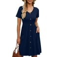 thumbnail image 6 of Usmixi Dresses for Women 2023 Casual Button Down Pocket Pleated Swing A Line Midi Dresses Short Sleeve V-Neck Solid Summer Knee-Length Sun Dress Dark Blue M Clearance Clothes, 6 of 7