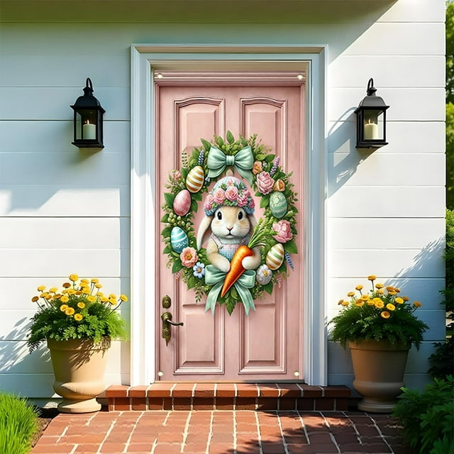 Suministros para fiesta de Pascua, decoración para puerta de Pascua, pancarta de bienvenida de conejito de Pascua, decoración de primavera para puerta de entrada, pared, interior y exterior (cubierta