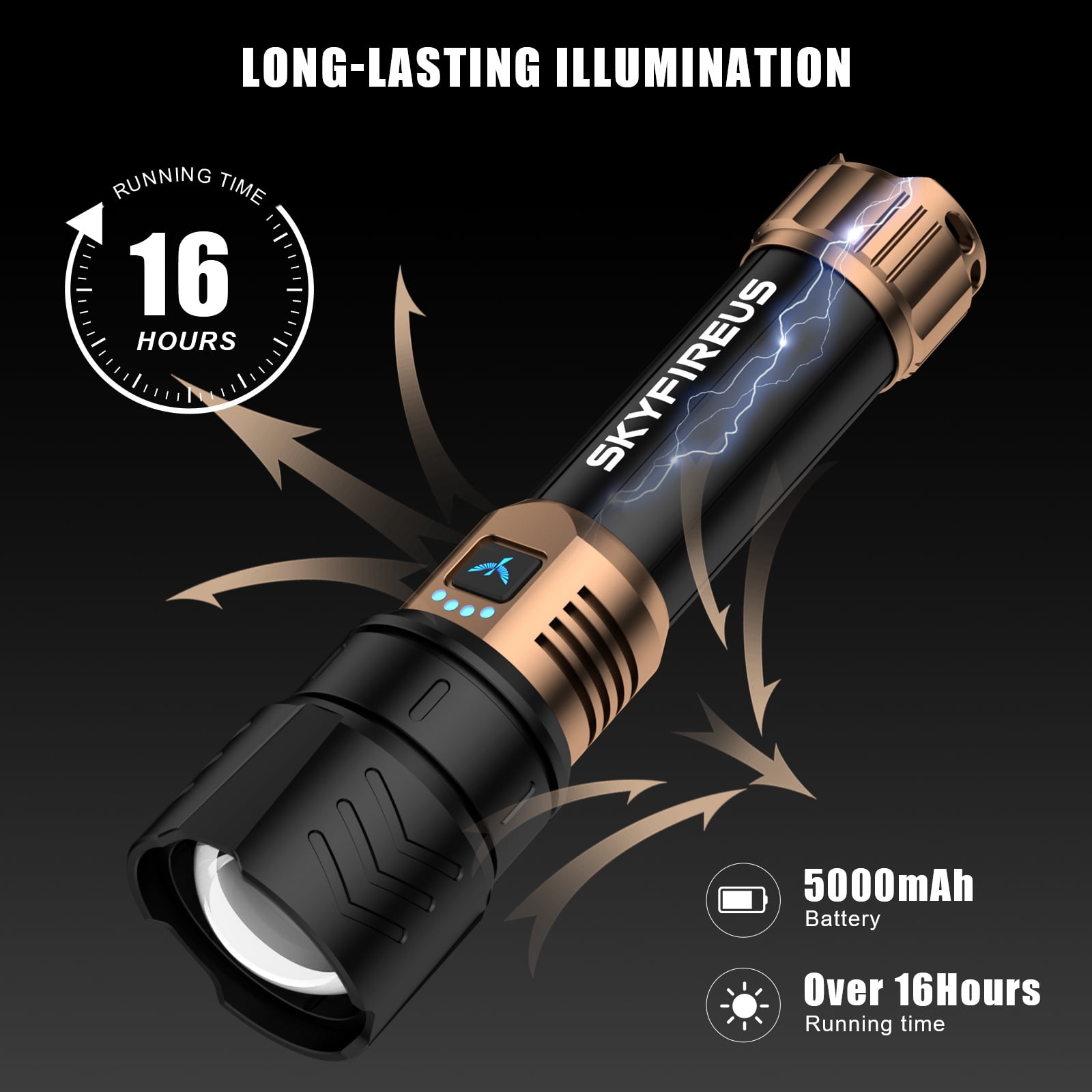 High-lumen LED flashlight with fire-starter function, adjustable focus & 4 modes—ideal for outdoor adventures and household needs.