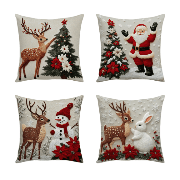 Christmas Decor Pillow Covers Set of 4 Decorative Throw Pillowcase for Winter Xmas Holiday Home Decor for Sofa Couch (Christmas Tree Snowman  Deer Rabbit) (18"x18")