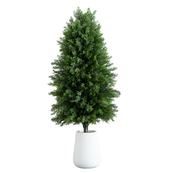 Nearly Natural Cedar Artificial Tree with White Grooved Planter - 3'