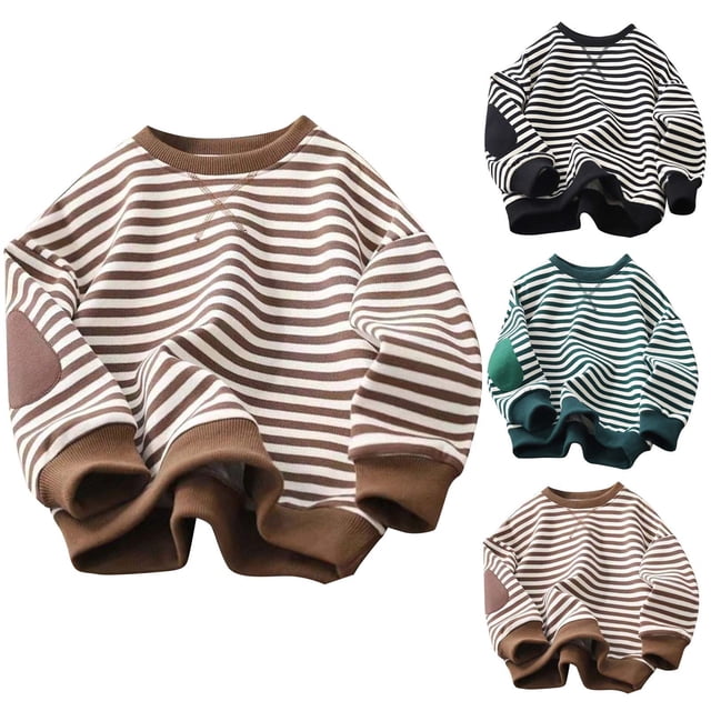 Zwiiyzr Vêtements d'Automne Hiver pour Bébé Garçon Manches Longues Rayé Col Rond Chandail Chandail en Molleton Chaud Sans Capuche 3-9 Ans Vert