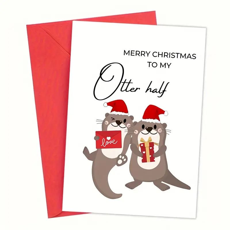 Merry Christmas Card for Partner – “To My Otter Half” Adorable Otter Design – Envelope Included, Blank Inside – Perfect for Romantic Holiday Wishes