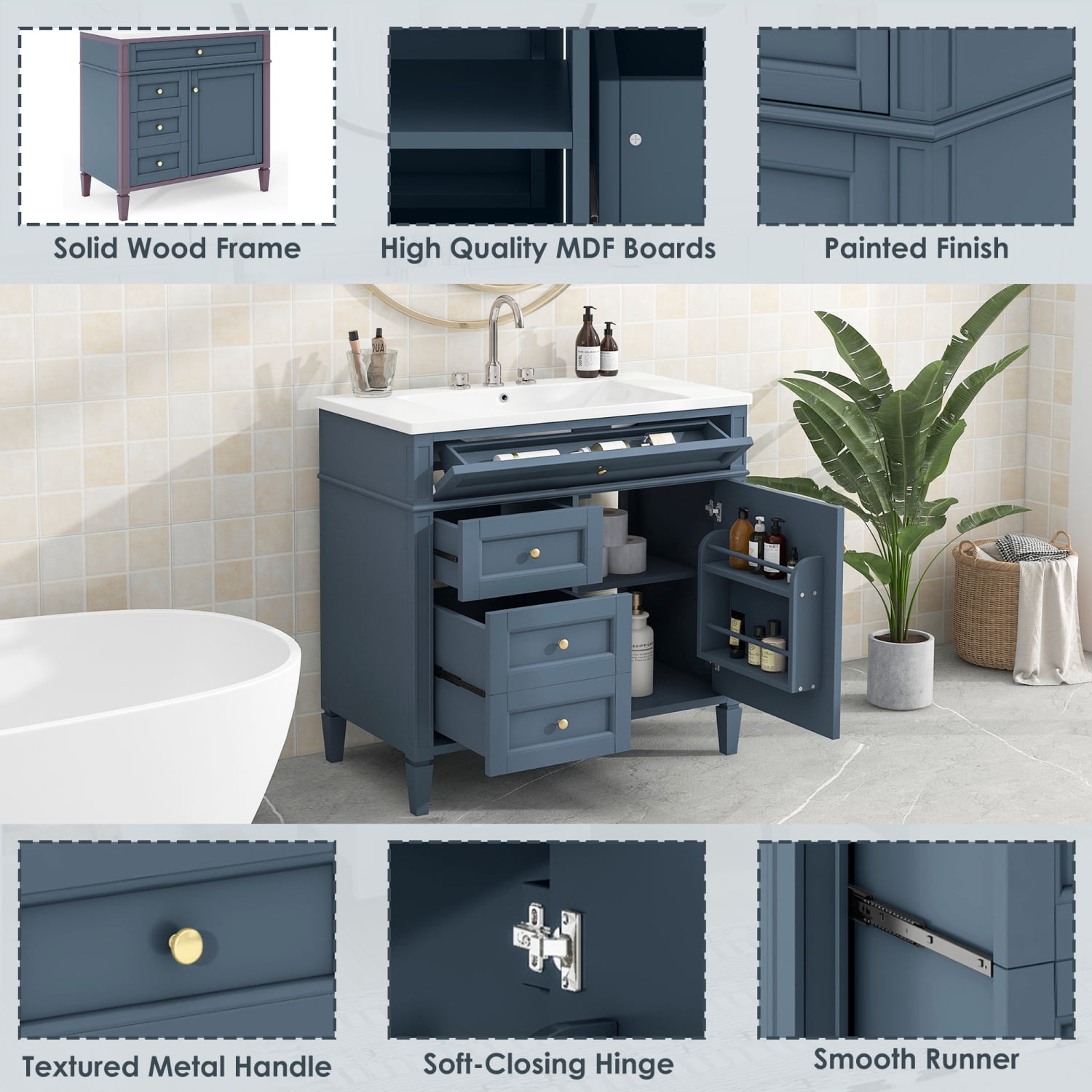 Harper & Bright Designs 36'' Bathroom Vanity with Top Sink Set, Modern Bathroom Storage Cabinet with 2 Drawers and Tip-out Drawer, Blue