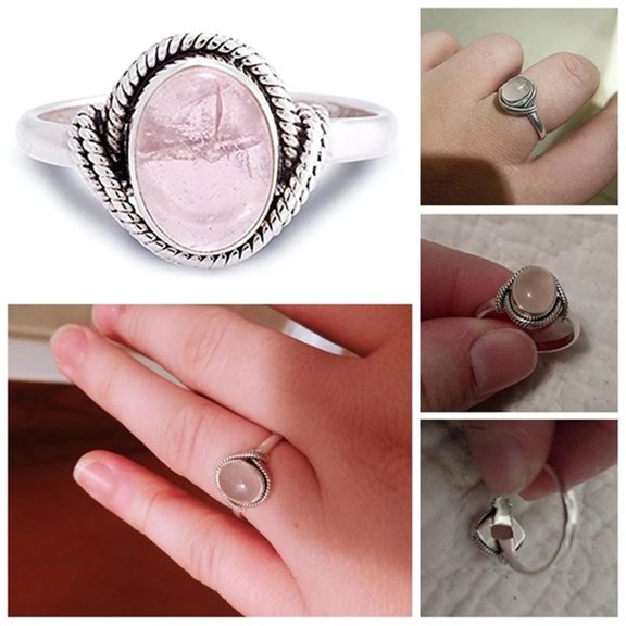 925 Silver Color Retro Marcasite Rose Quartz Ring for women Pink Crystal Topaz 925 Silver Jewelry Ring